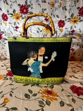 Black & Yellow Vintage-Style Dance Print Tote Bag with Bamboo Handles